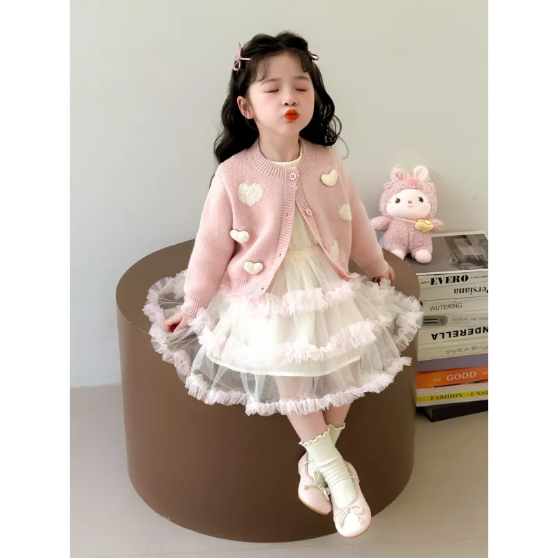 فستان الفتيات الربيع والخريف 2025 جديد للأطفال سترة مشغولة من الصوف الغزل تنورة مجموعة ، الفتيات الصغيرات فستان الخريف سترة تنورة #5