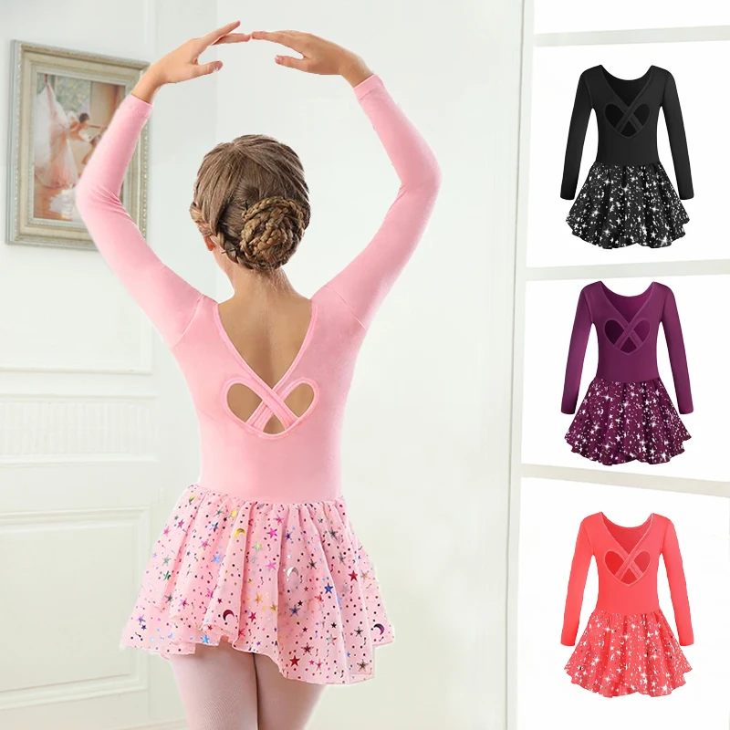 Collant de balé infantil para meninas, vestidos de dança de manga comprida, oco, cruzado, saia brilhante para performance de dança