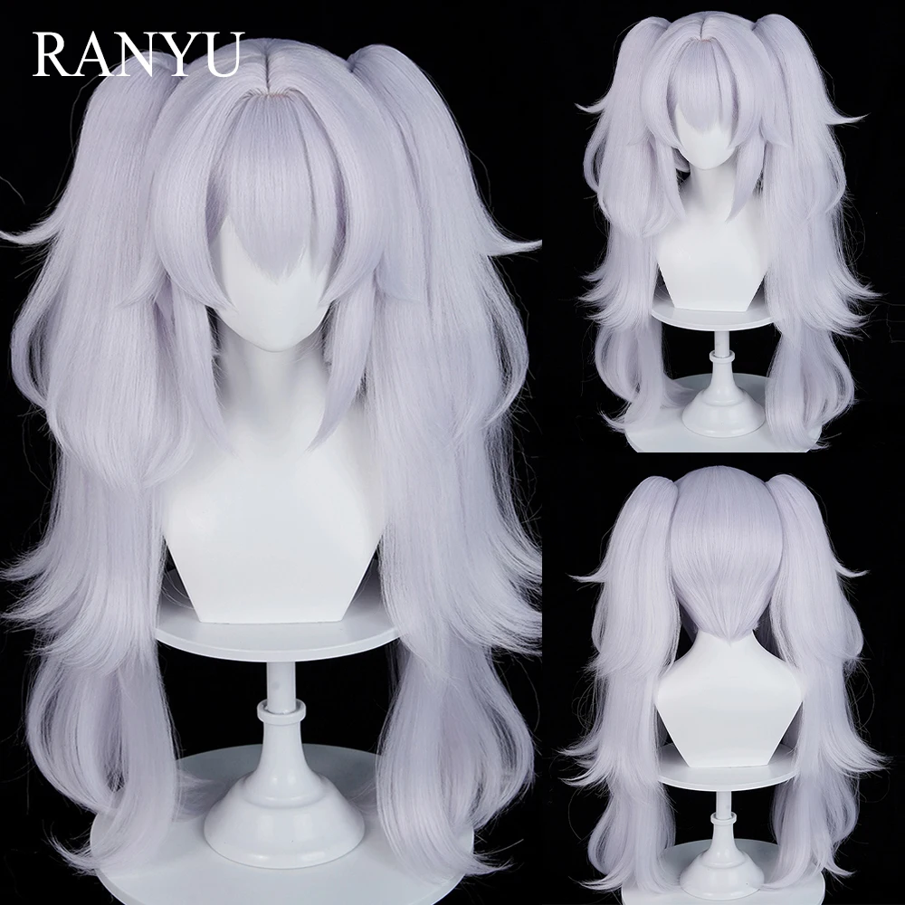 Silver Purple Long Double Ponytail Clip Short Straight Wigs with Bangs Synthetic Anime Game Fluffy Wig for Daily Party
