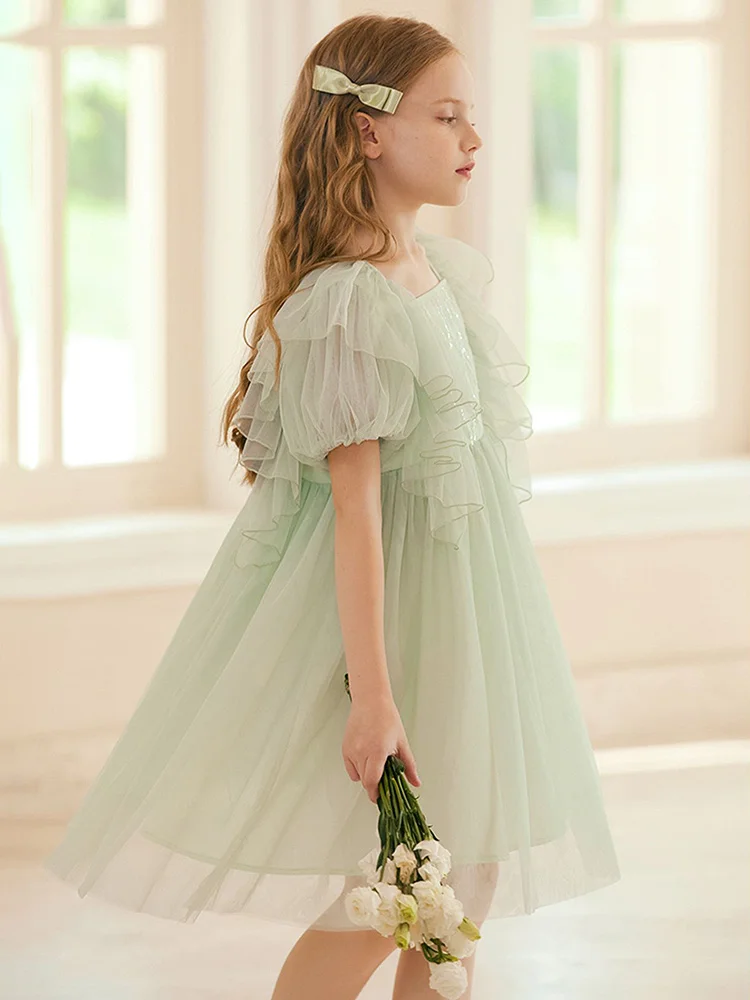 Baby Girls Summer Dresses Wedding Party Princess Flower Girl Dress Cute Gauze Puff Short Sleeve Light Green 3T 14yrs Kid Clothes