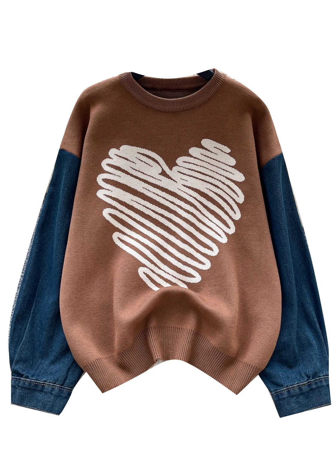 سترة محبوكة كاجوال للنساء فضفاضة بأكمام طويلة مع تطعيمات من الدنيم للخريف والشتاء، قطعة علوية أنيقة تقلل من مظهر العمر ومناسب...