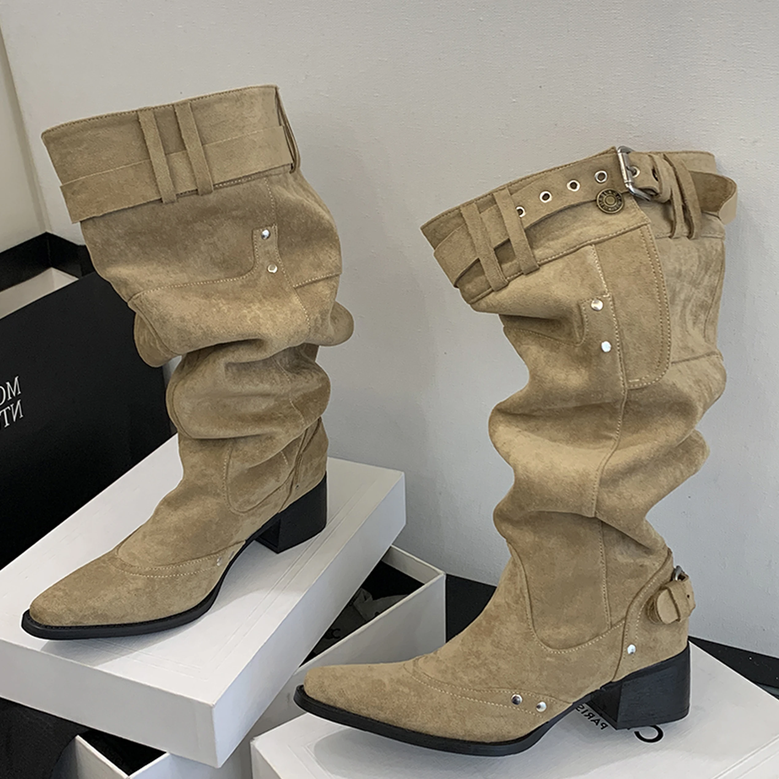 

Aneikeh Fashion Design Low Heels Pleated Pointed Toe Buckle Strap Women Knee-High Boots Shoes Autumn Long Botas De Mujer