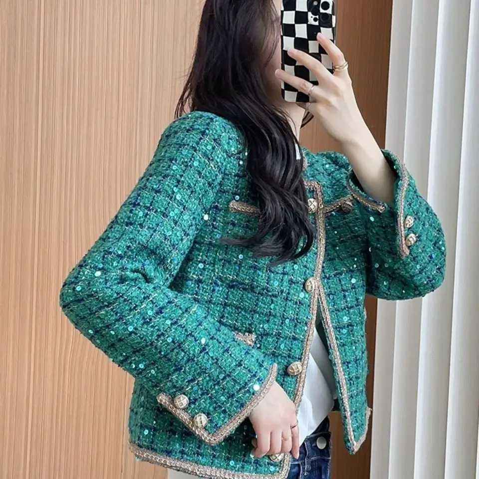 Ladies Jackets Green Short Half Sequins Women's Wool & Blends Coat Medium Hot Fashion 2024 Trendy New in Winter Clothes Luxury