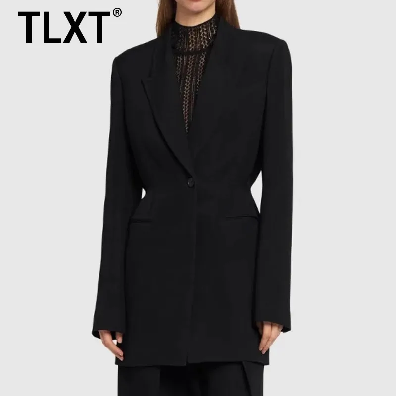 

TLXT Black Single Button Slim Fit Mid Long Blazer Coat Women Elegant Luxury Design Office Lady 2025 Spring Summer New XK1397