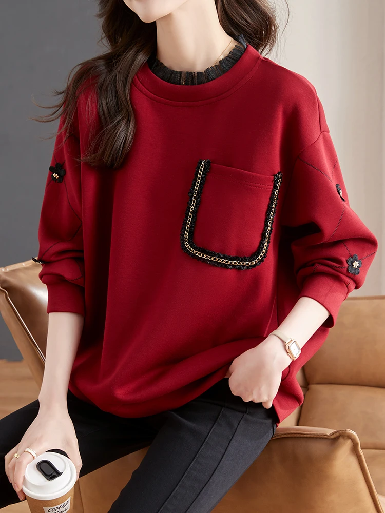 Vintage Appliques Sweatshirts Winter Autumn Pullovers Korean Fashion Loose Casual Tops Jumper Lace Patchwork Sweatshirts Women