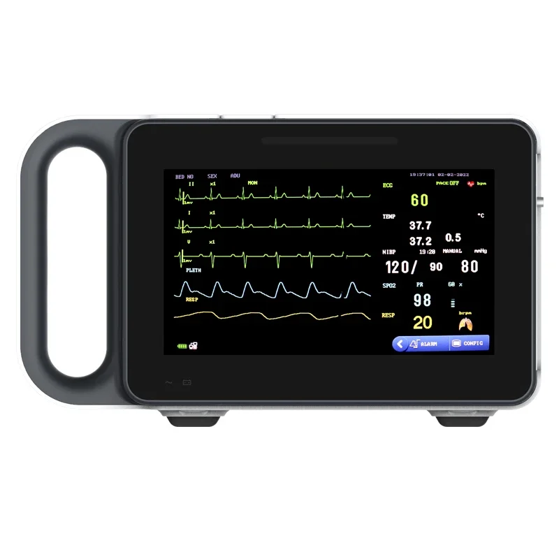 Monitor portátil de 6 parâmetros, tela sensível ao toque, monitor paciente, sinais vitais, ECG, NIBP, PR, SPO2, RESP, TEMP, 7"