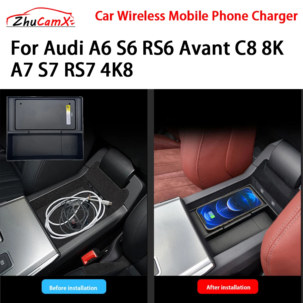 Car Wireless Mobile Phone Charger Center Console Storage QI 18W iPhone fast charge for Audi A6 S6 RS6 Avant C8 8K A7 S7 RS7 4K8