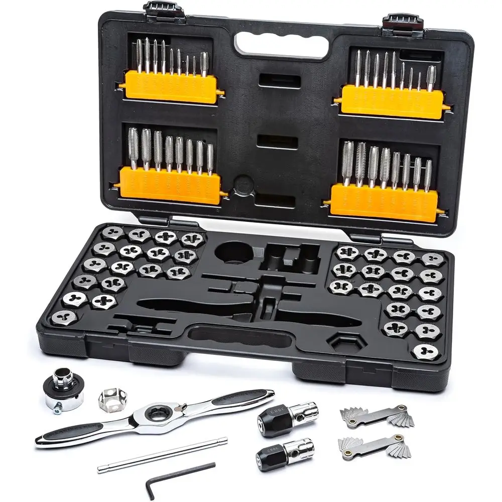 Conjunto de Machos e Cossinetes com Catraca de 77 Peças - SAE/Métrico, Coleção Completa de Ferramentas