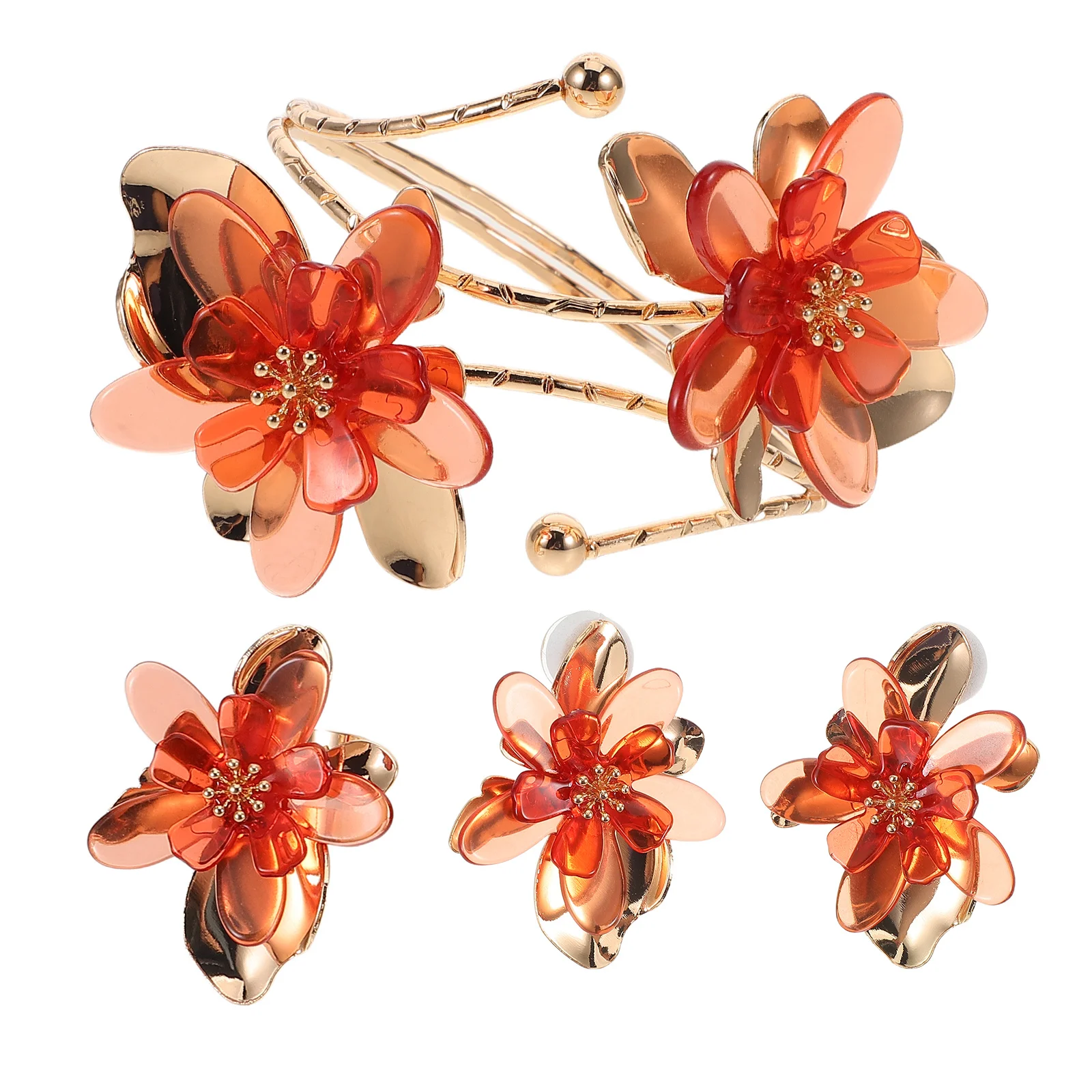 

1Set Flower Jewelry Set Drip Oil 3D Floral Necklace Earrings Bracelet Red Wedding Prom Party Flower Earrings Band Ring