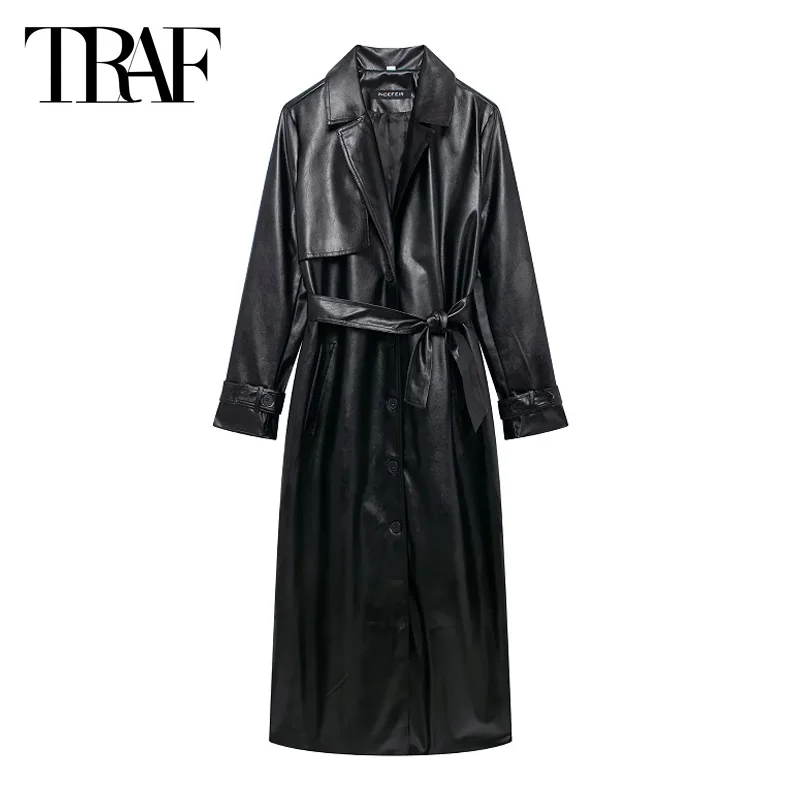 TRAF Faux Leather Windbreak Outerwears 2024 Women's Autumn Winter Oversized Belt Trench Coat Fashion Elegant Winered Black Coat