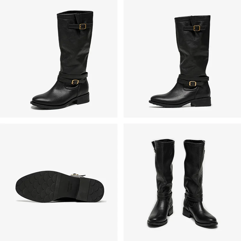BEAUTODAY Long Boots Women Sheepskin Leather Round Toe Double Buckle Strap Vintage Knight Boots Ladies Shoes Handmade 01707 view 6