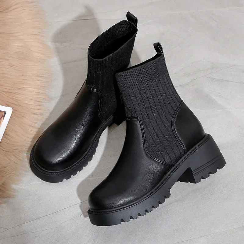 New Autumn Winter Fashion Women Chelsea Boots Female PU Leather High Heels Boots Platform Shoes Ladies Knitted Sexy Ankle Boots