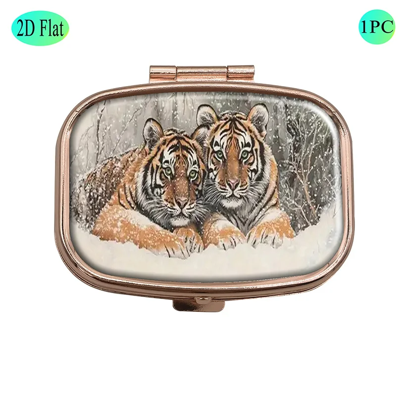Snow Tiger Pill Box, 2-Compartment Pill Organizer with Rose Gold Lid, Portable Pill Box, Handbag Medicine Storage Box, Suitable for Handbags, Office, Business Travel, Elegant Gift Choice