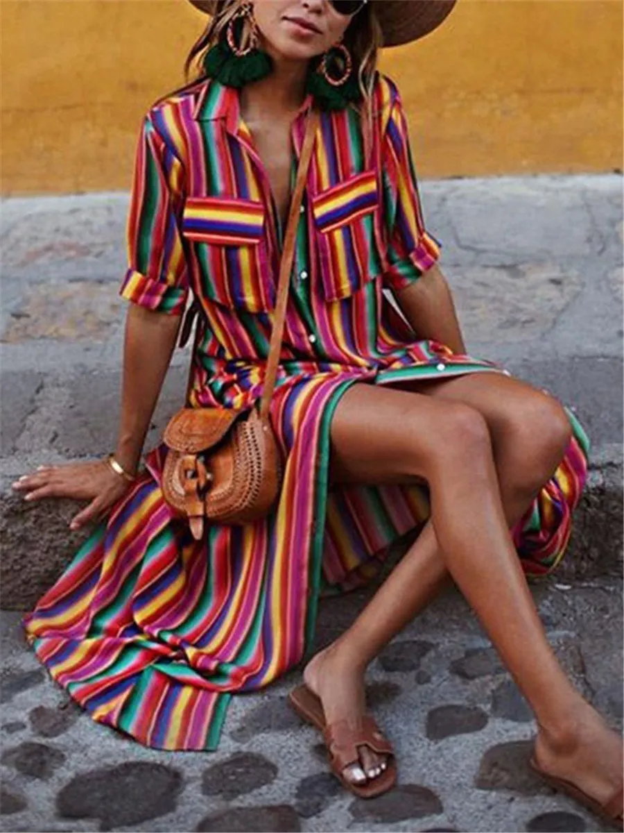 Women's Summer Faion Long Sve Loose Casual Rainbow Stripe Print A-Line Long Dr Street Sle V-Ne Midi Skirt