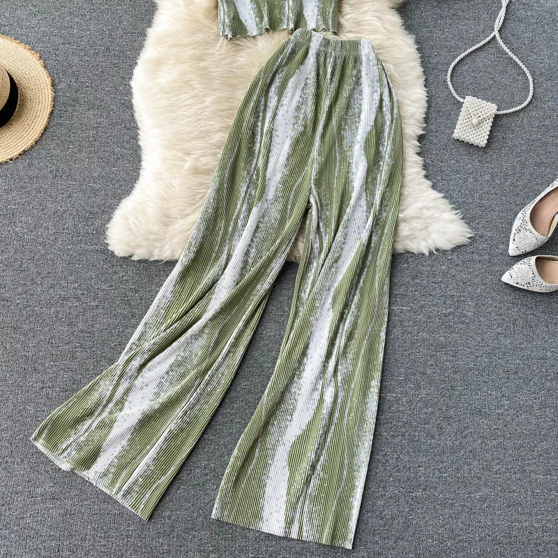 Blue/Black/Green Striped 2pcs Set Women Summer Stand Collar Short Sleeve Tops + High Waist Pants Pleated Draped Suit Female 2022