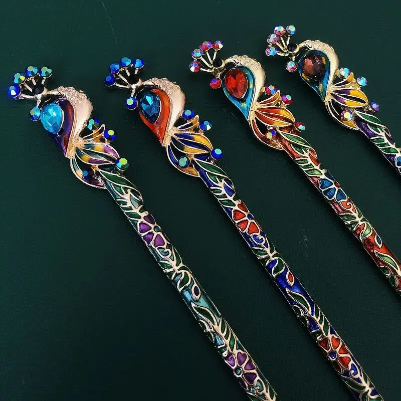 Peacock Cloisonne Hairpin Chinoiserie Hair Accessories Handicrafts Jewelry Gorgeous Design  Decoration Lucky Hair Pins for Women