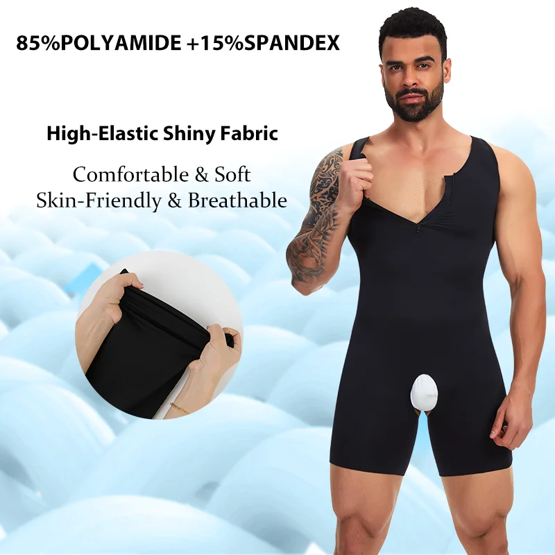 Men's Full Body Shaper Sleeveless Shapewear Low Neckline Zipper Bodysuit Open Crotch Underwear Tummy Control Fajas Abs Abdomen