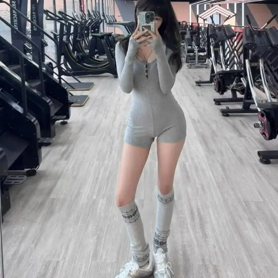 8 colors Sexy Open Button O neck Long Sleeve Knitted Viscose Bodysuit Woman Tight Short Jumpsuit Slim Fit Rompers Playsuits