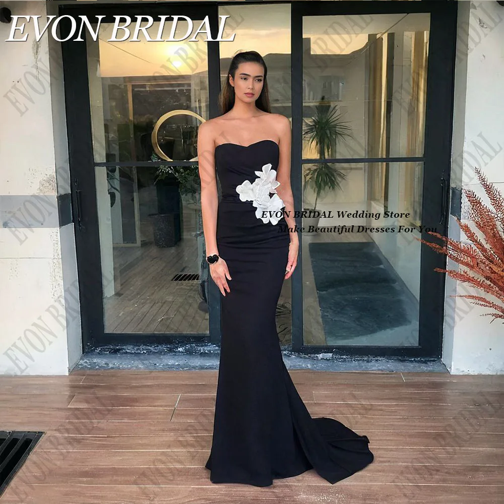 EVON BRIDAL Evening Party Gowns Strapless Mermaid Sleeveless Black With White Flowers Satin vestido de noche elegante mujer