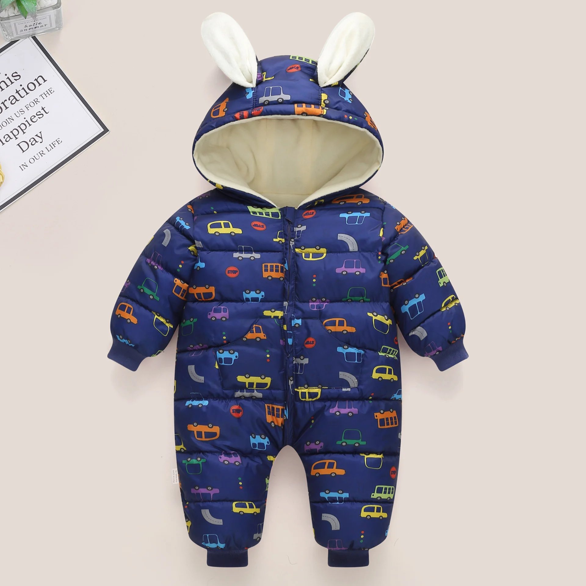 Winter New Checkered Dinosaur Bear Cartoon Cute Print Plush Thickened Pants Hooded Rabbit Ears Warm Climbing Clothes