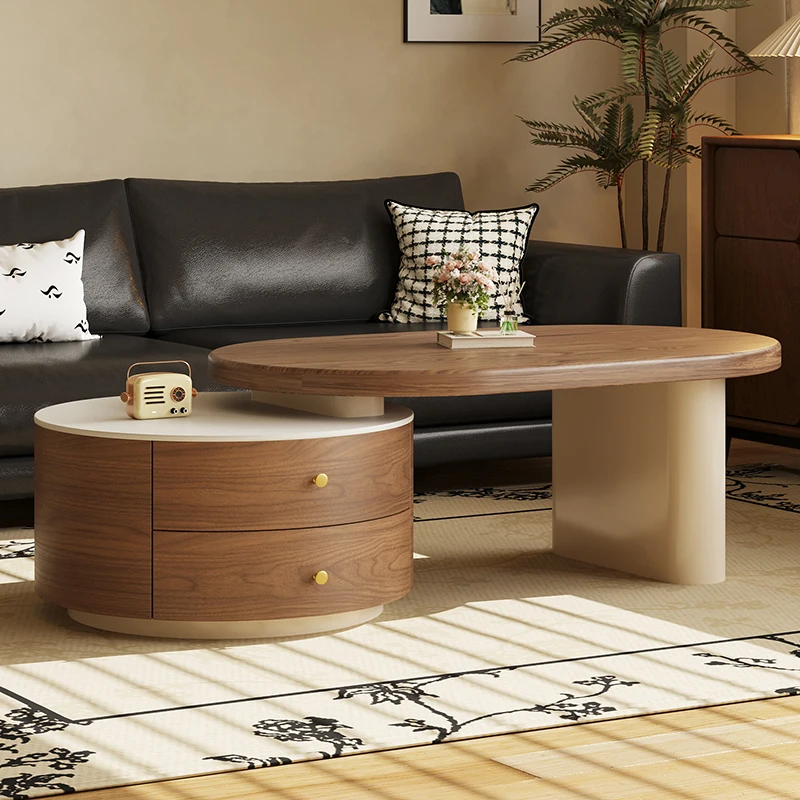 

Medieval cream wind round retractable coffee table combination household living room small apartment walnut modern simple tea