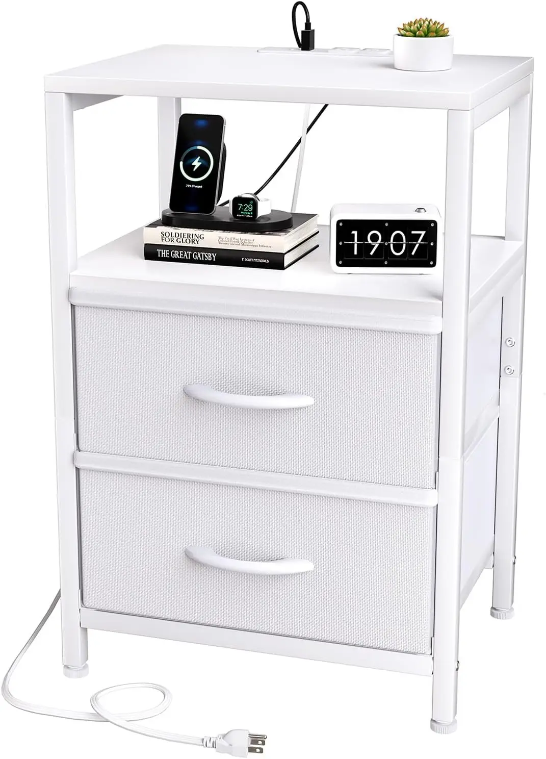 

Side End Table with Charging Station, Tall Nightstand Bedside Table with Fabric Drawers for Living, White