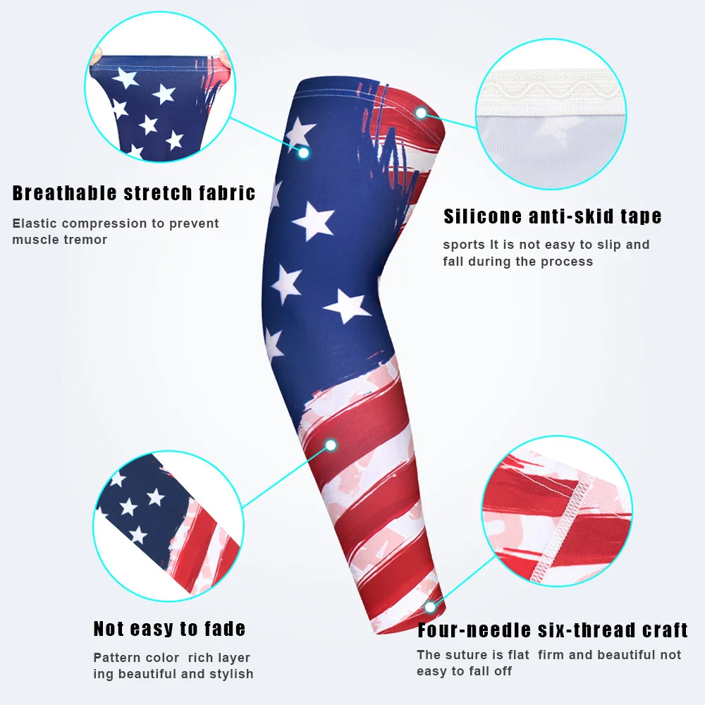 Arm Sleeves Men Women Compression Cooling Ice Silk UV Sun Protection Sports Protection Tattoo Cover Sleeves American Flag