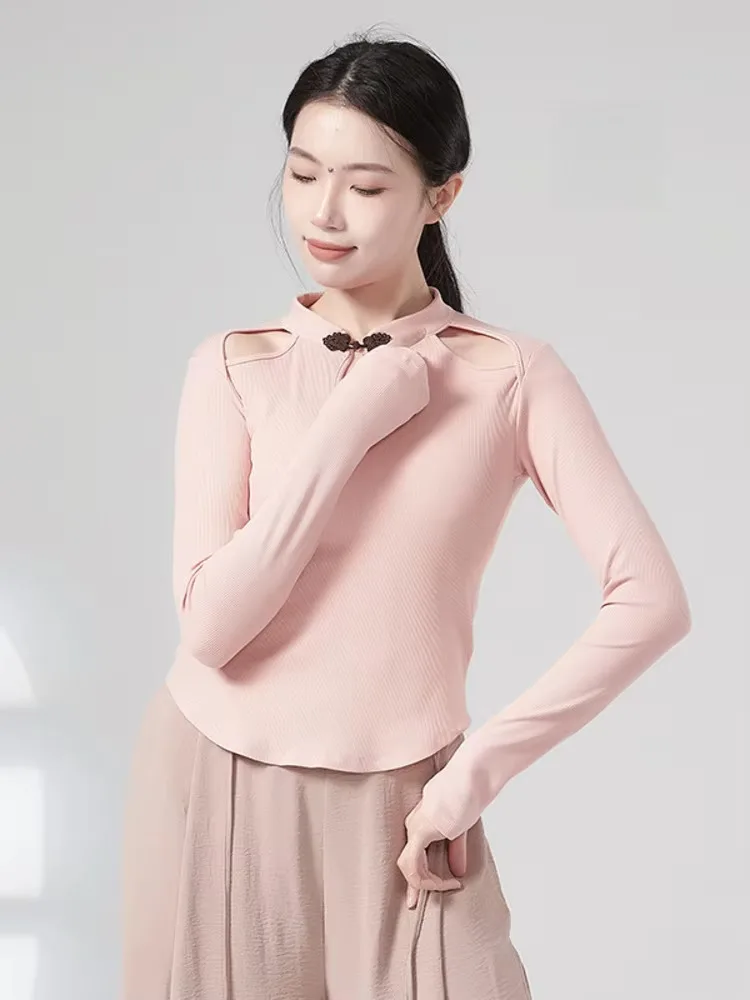 Haut de danse à col montant de couleur unie pour femmes, chemise ajourée à manches longues avec boutons décoratifs, idéal pour le scène de ballet