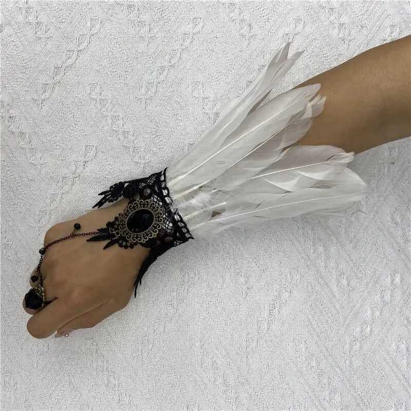 

Black Gloves Women Lolita Rave Accessories Halloween Y2k Cosplay Feather Brass Knuckles Cuffs Fingerless Lace Long Mesh Feather