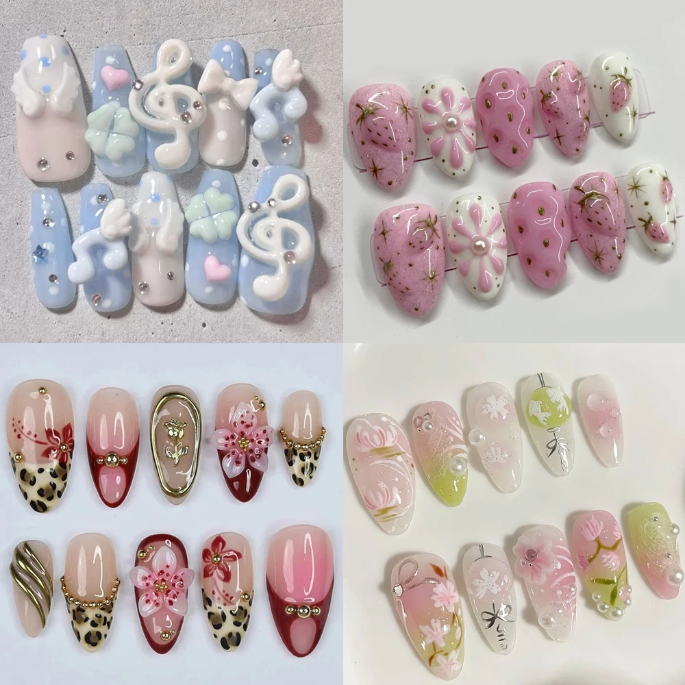 

3D Flower Wave Point Hand-Painted Gold Almond Handmade Press On Nails Kawaii Bowknot Pearl False Nails Sweet Girl Party Gifts