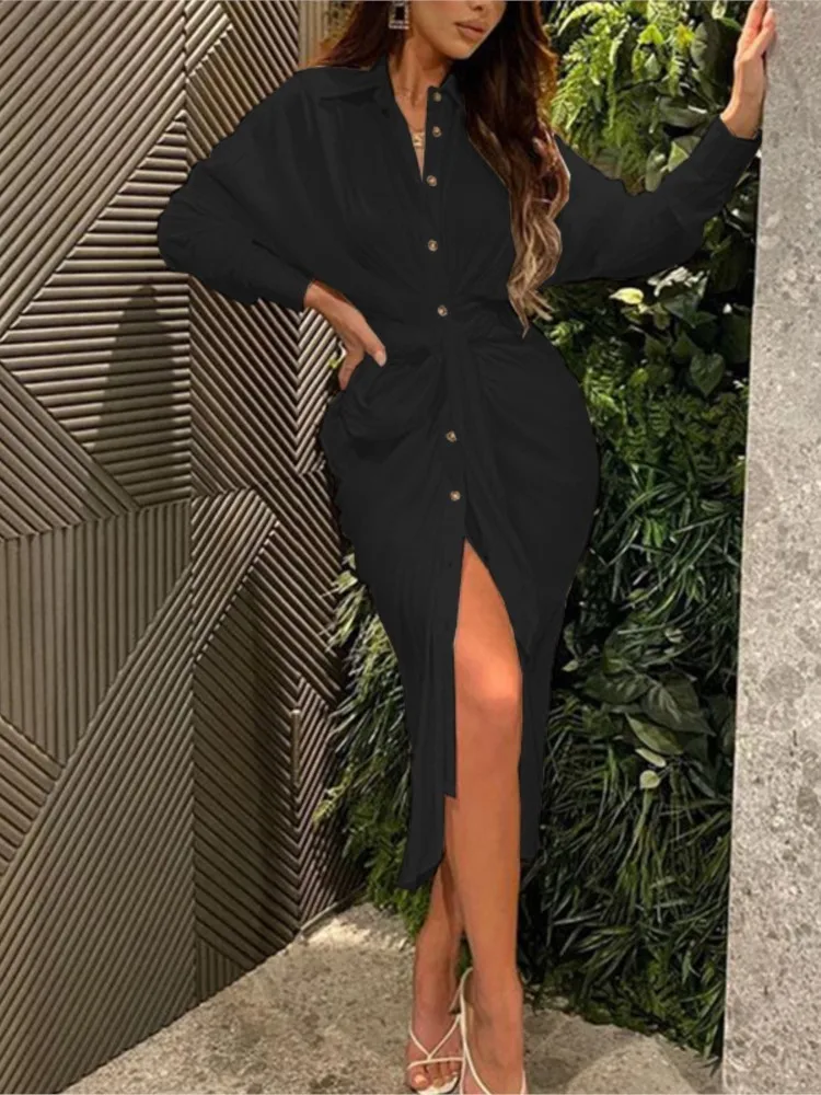 

Fashion Lace Up Single Breasted Slit Long Dress Women's Autumn New Item Solid Color Sexy Cardigan Long Sleeved Shirt Dress