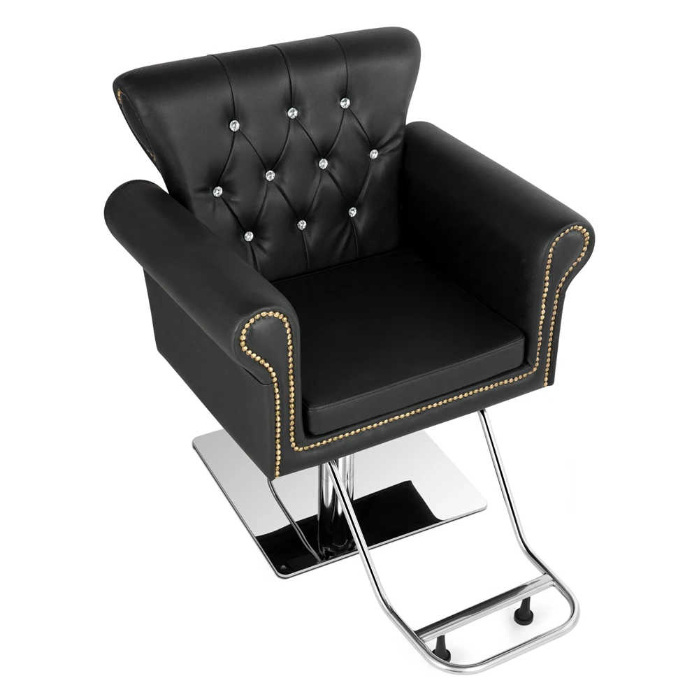 Silla de barbero en forma de corona, Funda de cuero de PVC, rodamiento de carga, placa cuadrada de acero inoxidable con reposapiés, silla de barbero negra