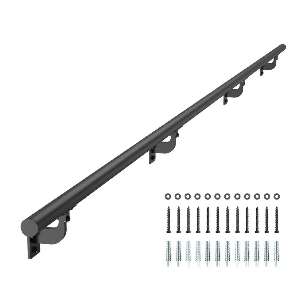 

10ft Black Aluminum Stair Handrail Wall Mounted Indoor Outdoor Railing Safety Support Guardrail