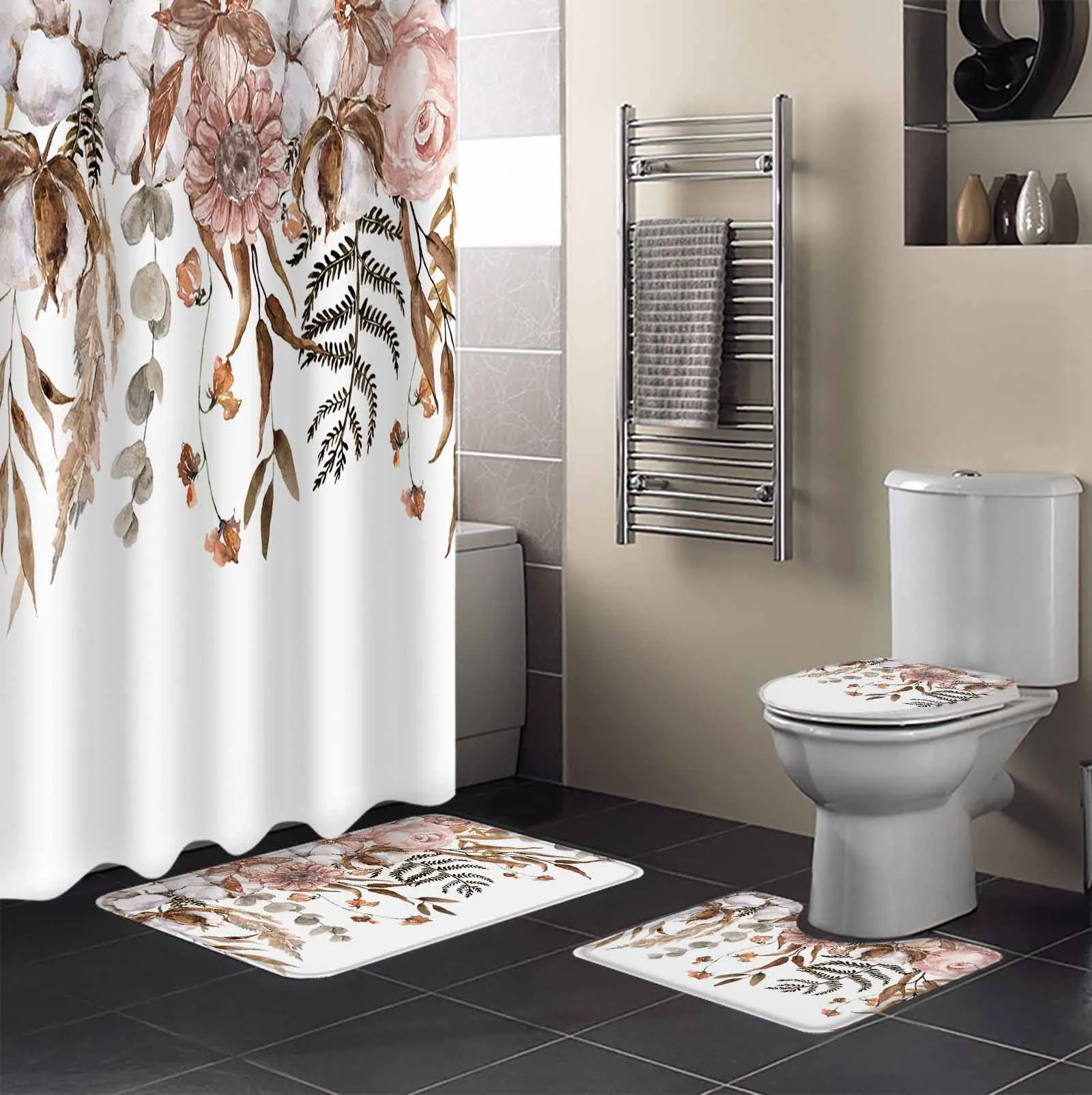 Autumn Leaves Cotton Eucalyptus Leaves Shower Curtain Set Non-Slip Rugs Bath Mat Toilet Lid Cover Waterproof Bathroom Curtain