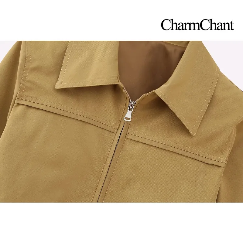 CHARMCHANT Womens Cropped Jacket Zip Up Lapel Collar Drop Shoulder Short Bomber Workwear Casual Outerwear Spring Autumn 2026