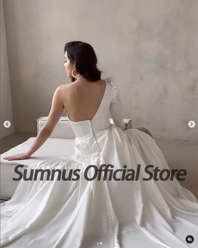 Sumnus branco um ombro vestido de casamento cetim alta fenda vestidos de noiva sem costas zíper elegante longo dubai vestidos de festa de casamento