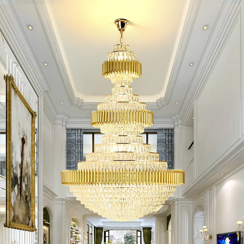 Luxury Crystal Stair Chandelier Lighting Villa Lobby Hotel Large Decoration Hanging Lamps Black/Gold Lighting Modern Led Lamp