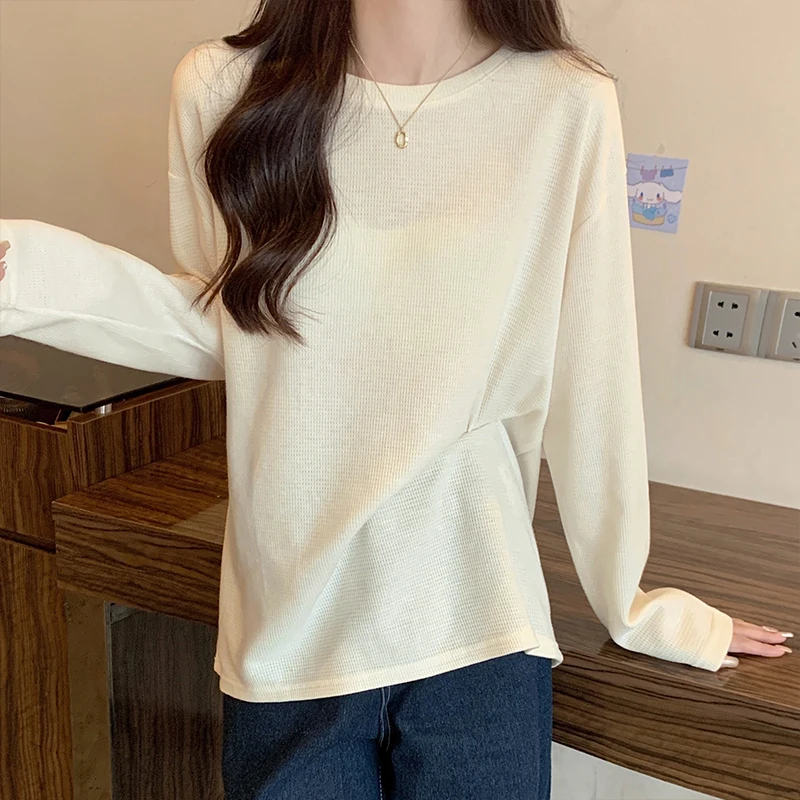 Make firm offers matcha green long-sleeved T-shirt girl in autumn and winter paragraph waffle round collar render unlined upper