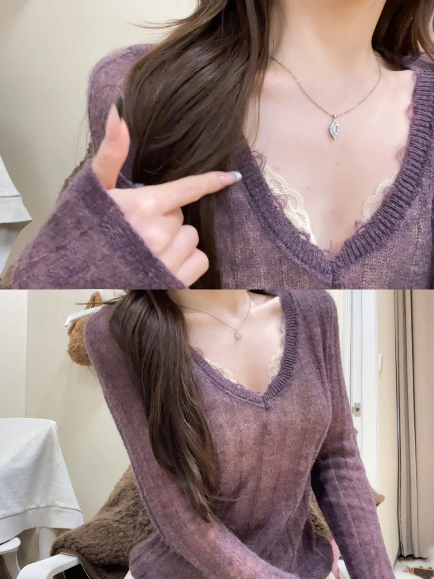 

Light Maturity Style Purple V-neck Lace Trim Slim Fit Knitted Top Women's Autumn Winter Beautiful Shirt Soft Long Sleeve Knit...