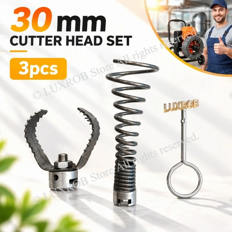 30mm Enlarged Drain Cutter Head 3Pcs Kit, Replacement for Sewer Auger Machine, Cleans Hair, Roots & Grease in Drain Pipes