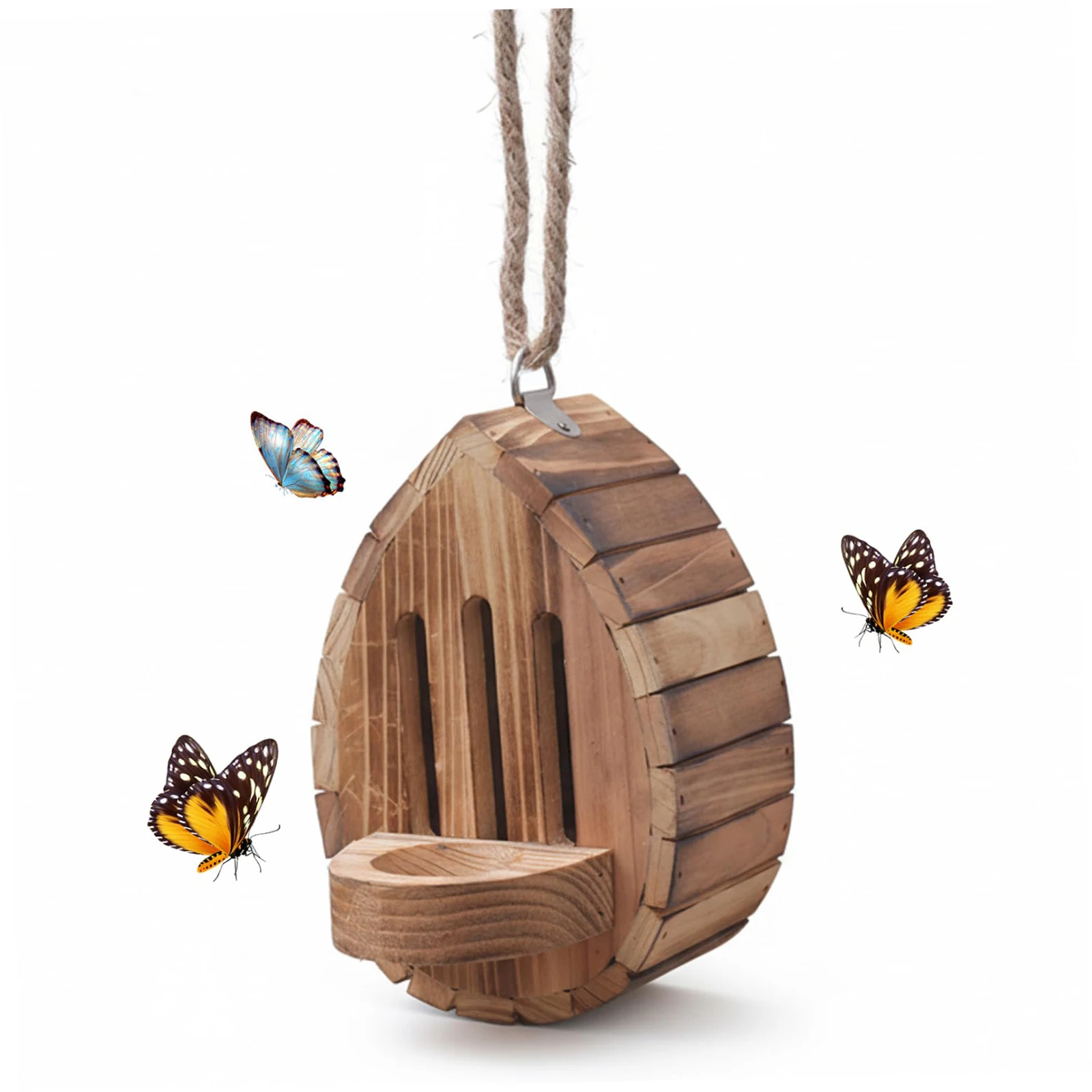 Teardrop-Shaped Butterfly House with Rope Wood Butterflies Houses Hanging Butterflies Puddler for Garden Patio Balcony Backyard
