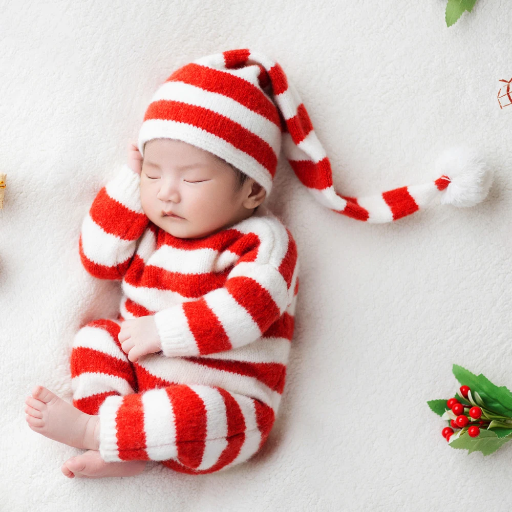 

Red Striped Newborn Christmas Outfit Knitted Long Sleeve Baby Romper Newborn Photoshoot First Christmas Outfit Accessories