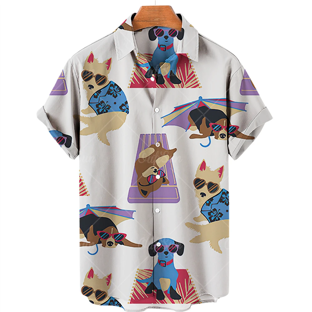 Animal camisa estampa havaiana com gola, top solto de manga curta hip-hop, roupas grandes para desenhos animados, vestido vintage casual, verão