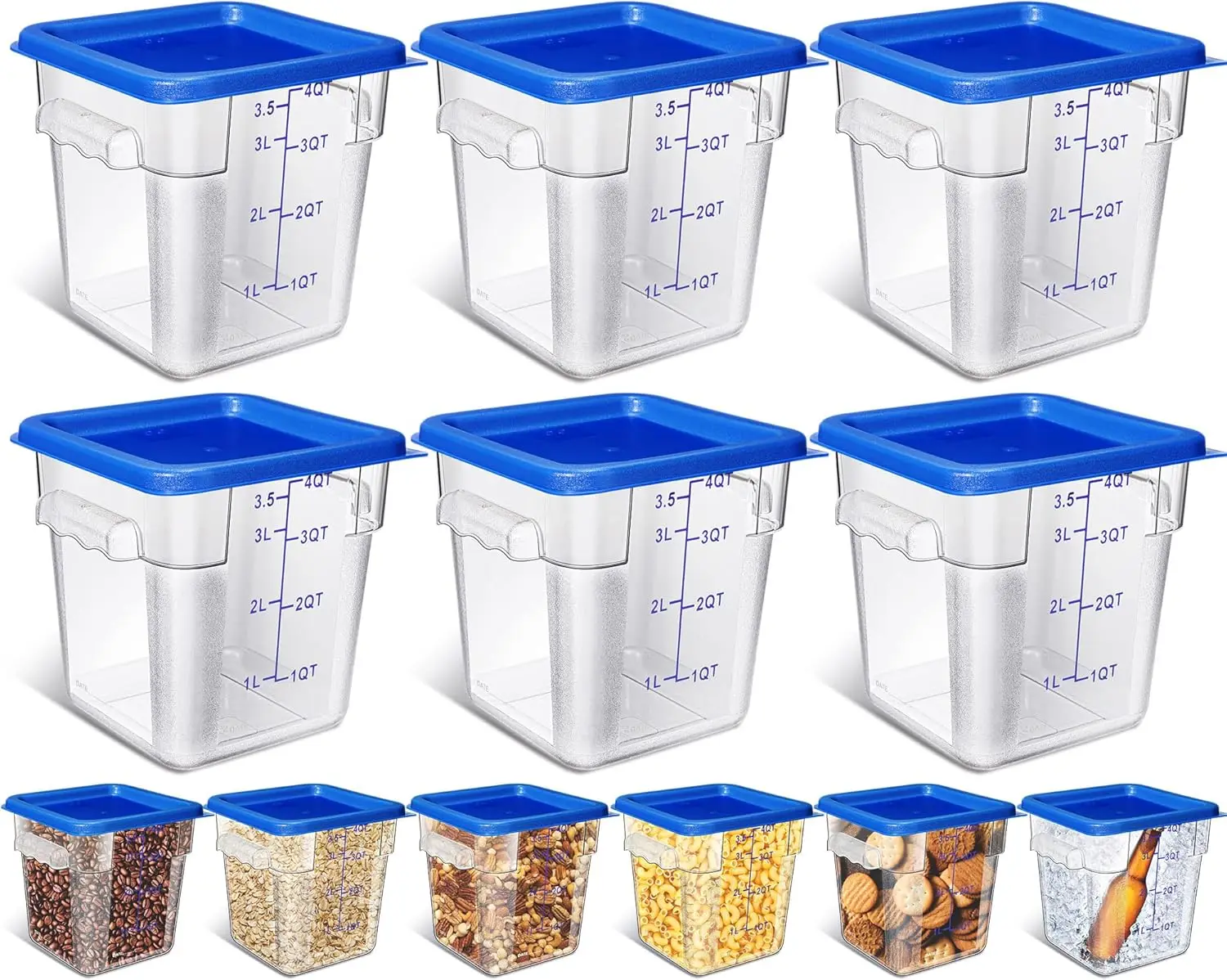 6 Pcs Commercial Acrylic Airtight Food Containers 4 Qt Square with Lids - Clear Cereal Pantry Kitchen Restaurant Freezer Flour S