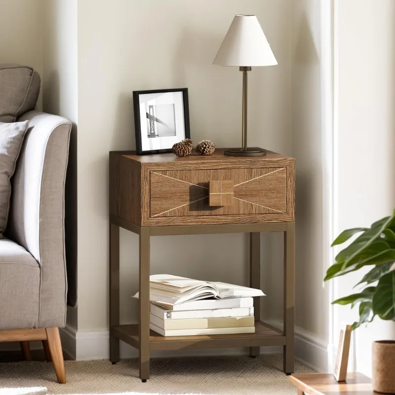 

Mid Century Modern Nightstand with Drawers, Side Table with Open Storage Shelves, Bedroom Nightstand (Walnut 1pc)