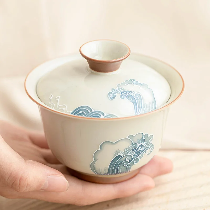Pile Carved Wave Gaiwan Hand-painted Ceramic Tea Tureen Chinese Kung Fu Tea Brewing Bowl Teaware Master Cup Teacups Gift Box - Image 3