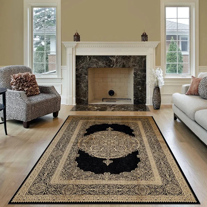 Black Dark Navy and Gold Oriental Rug for Saloon Rug Living Room Luxury Area Rug for Bedroom Bedside Deco Rug Gaming Room Carpet