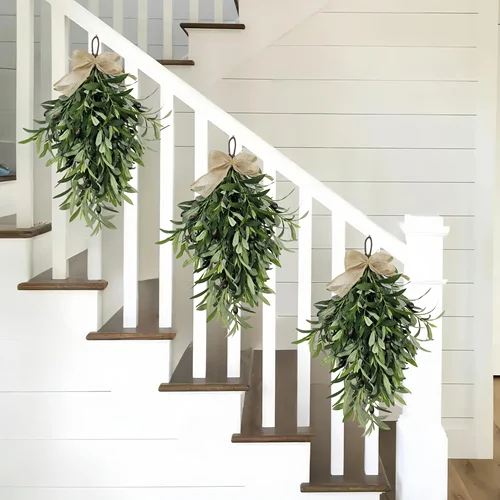 농가 스타일 인공 올리브 잎 화환, 삼베 활 포함, 계절 환영 화환, 다목적 벽걸이 장식, 눈물 방울, 1pc 