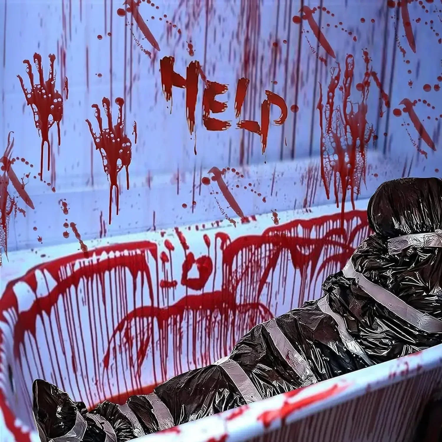 جسم ميت مزيف للهالوين في حقيبة دعامة جثة واقعية خارجية لتزيين المنزل المسكون المخيف