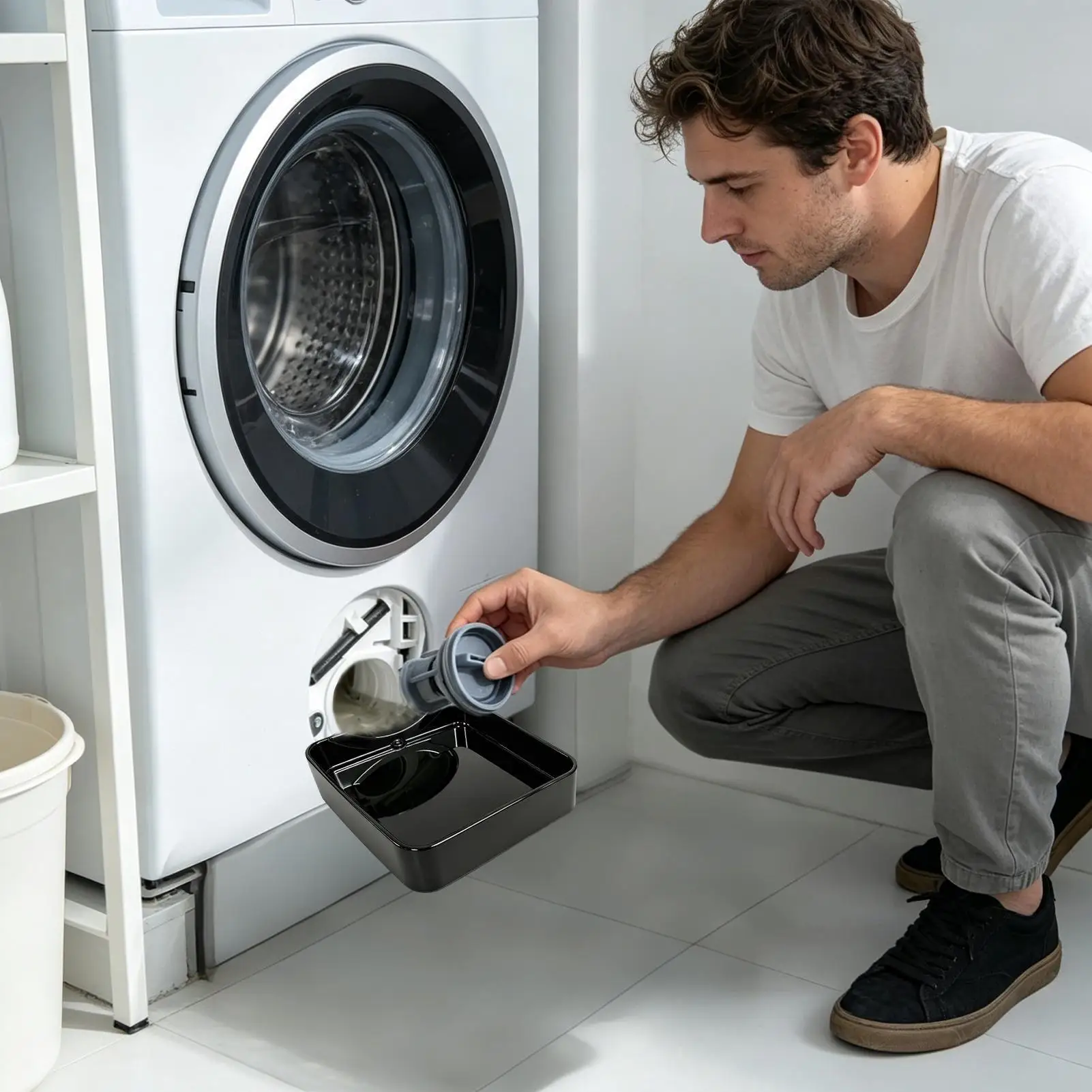 Washer Drain Pan Reusable Lint Filter Accessory with Funnel Front Load Washing Machine Drain Tray for Floor Clean Dry Floor